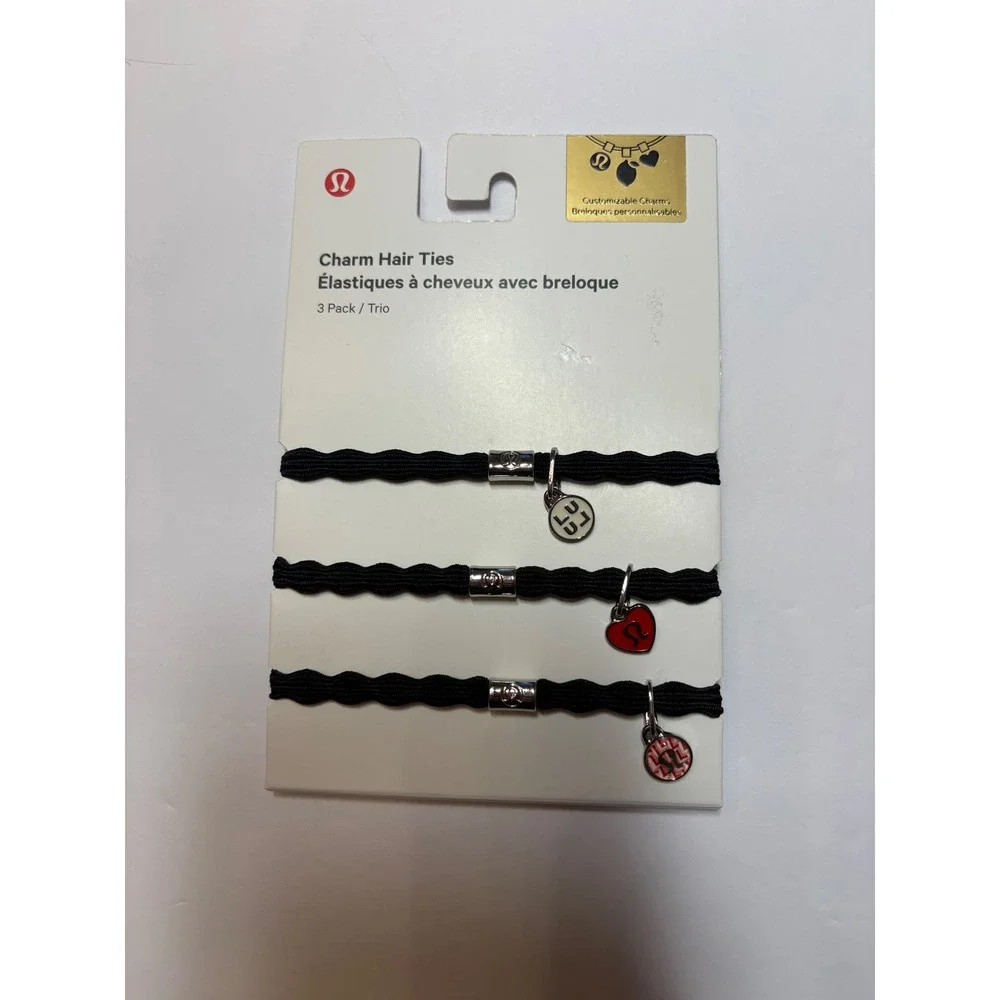 Lululemon NWT Charm Hair Ties 3 Pack Black Silver‎ Red Heart